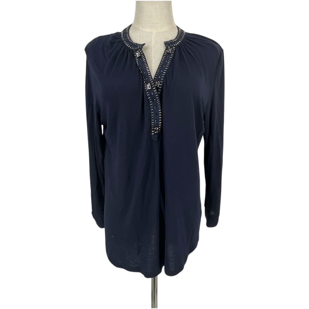 Black Label by Chicos Navy Blue Beaded Embellished Tunic Top Sz‎ 1 US 8 Med